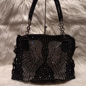 Chic Black Rhinestone Angel Wing Shoulder Bag